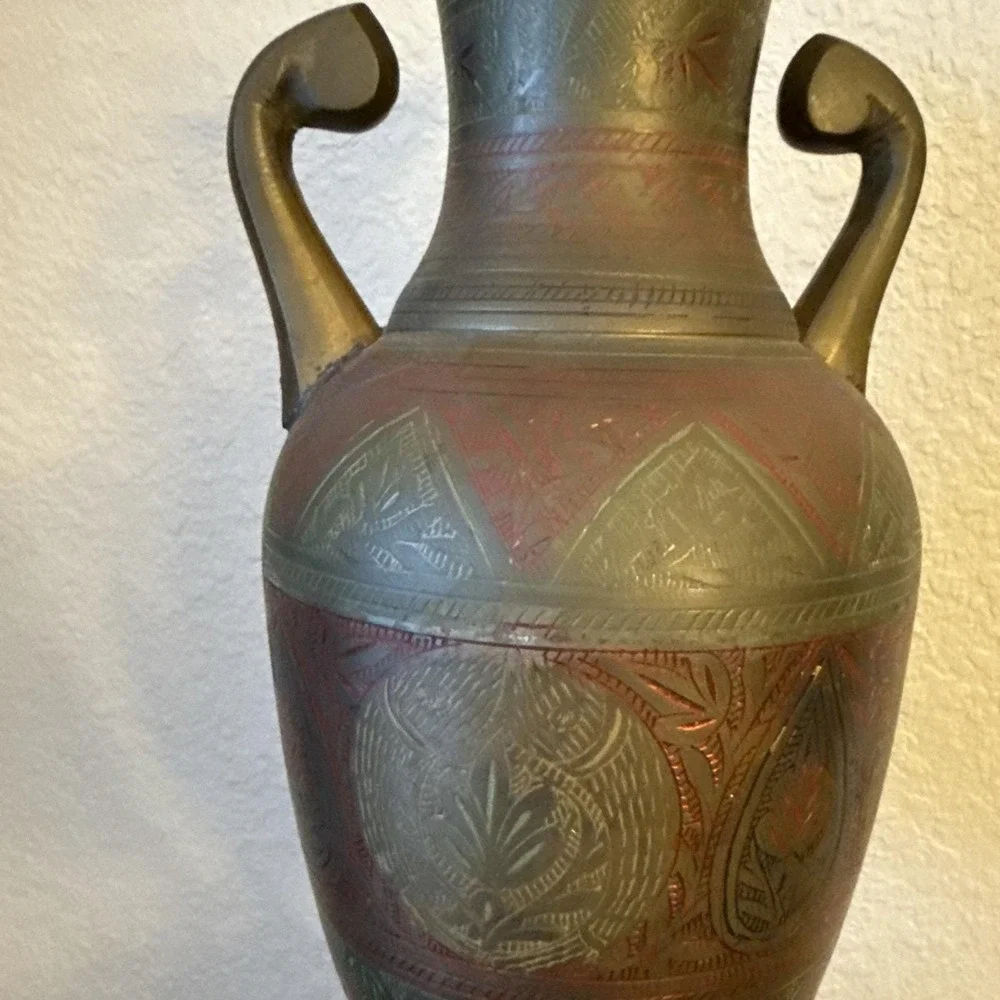 Vintage Solid Brass Vase Hand Etched Floral/Leaf Design 15.5